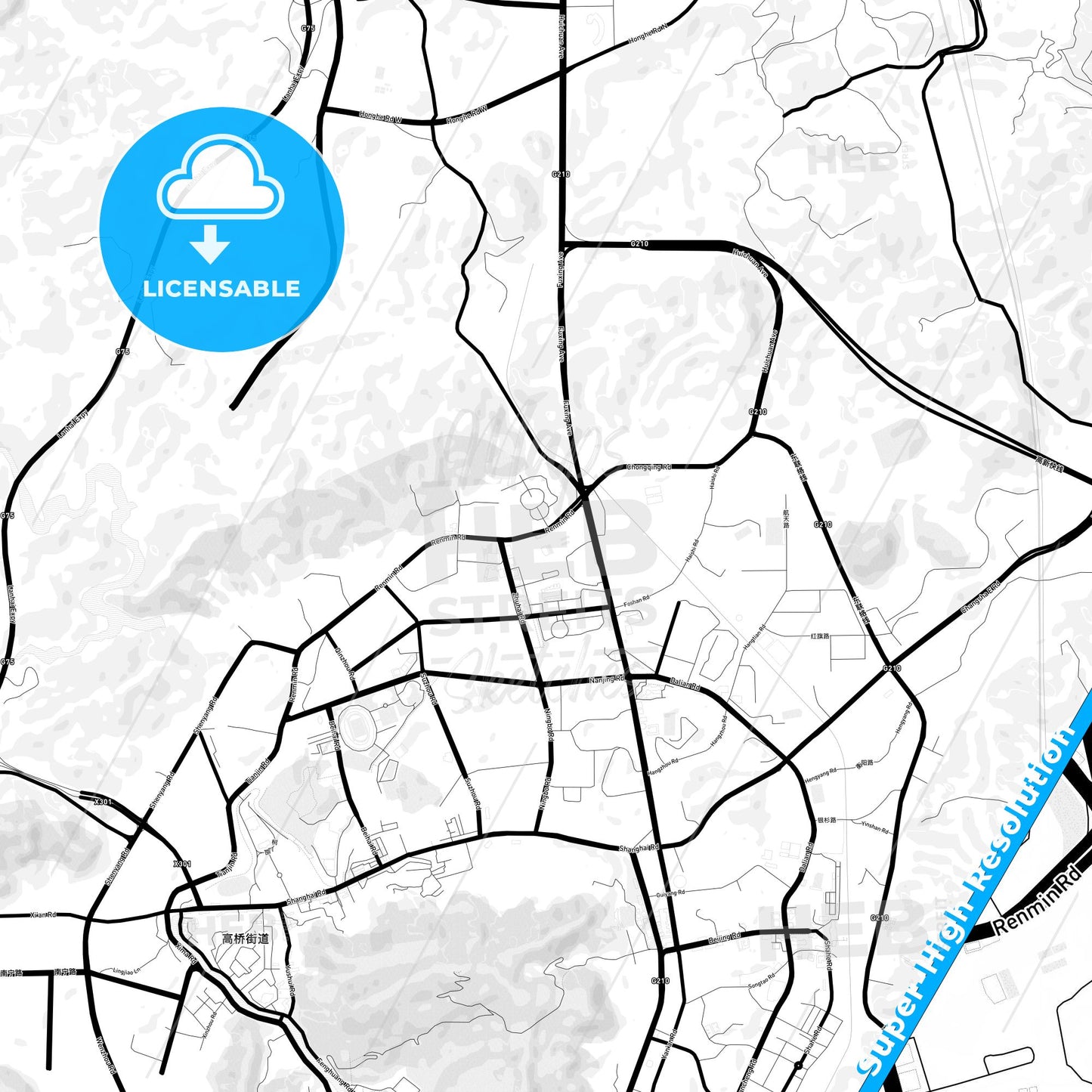 Zunyi, China Light Map with Street Names, City Names, and Districts
