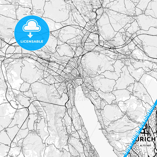 Zürich, Switzerland light map with streetnames, citynames and districts