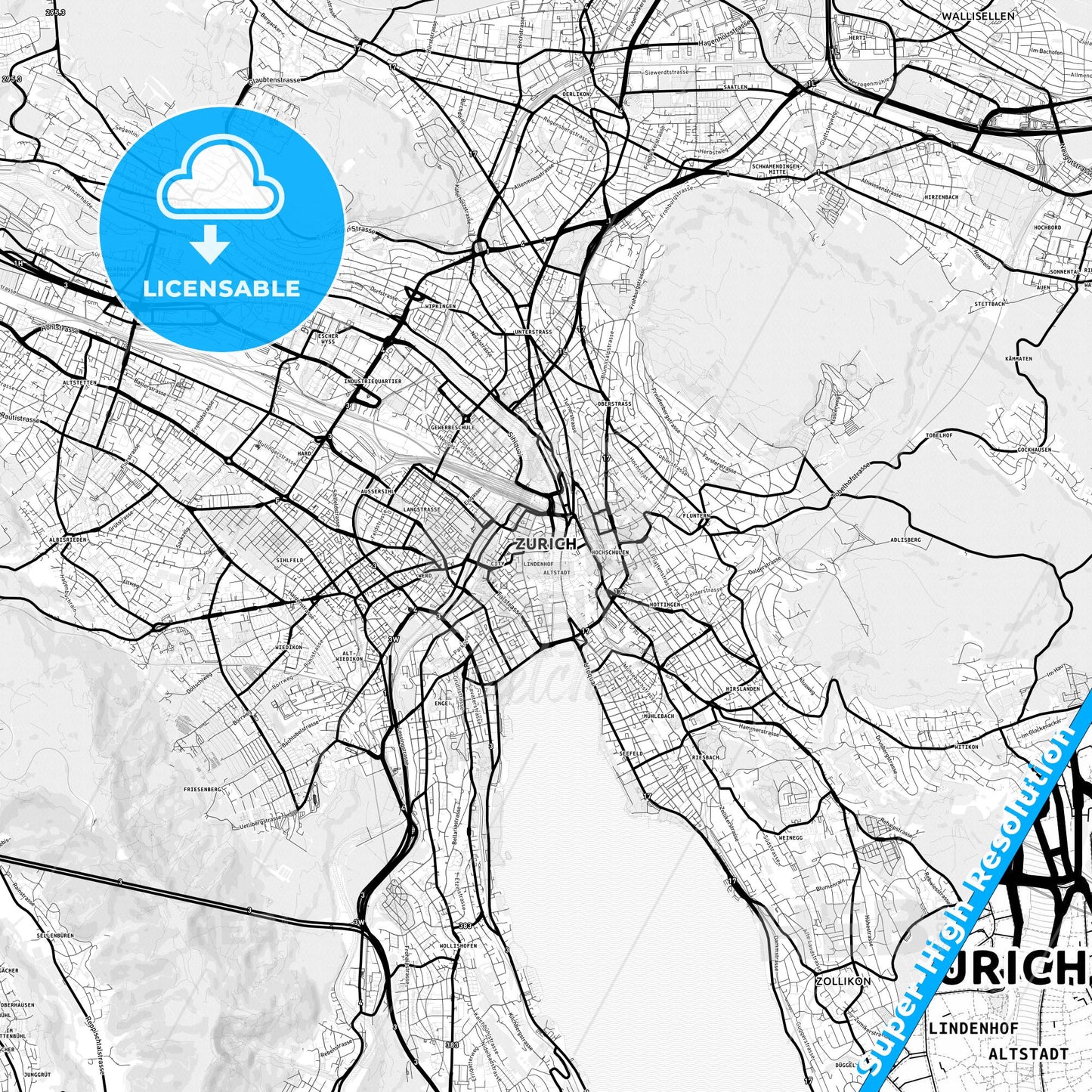 Zürich, Switzerland Light Map with Street Names, City Names, and Districts