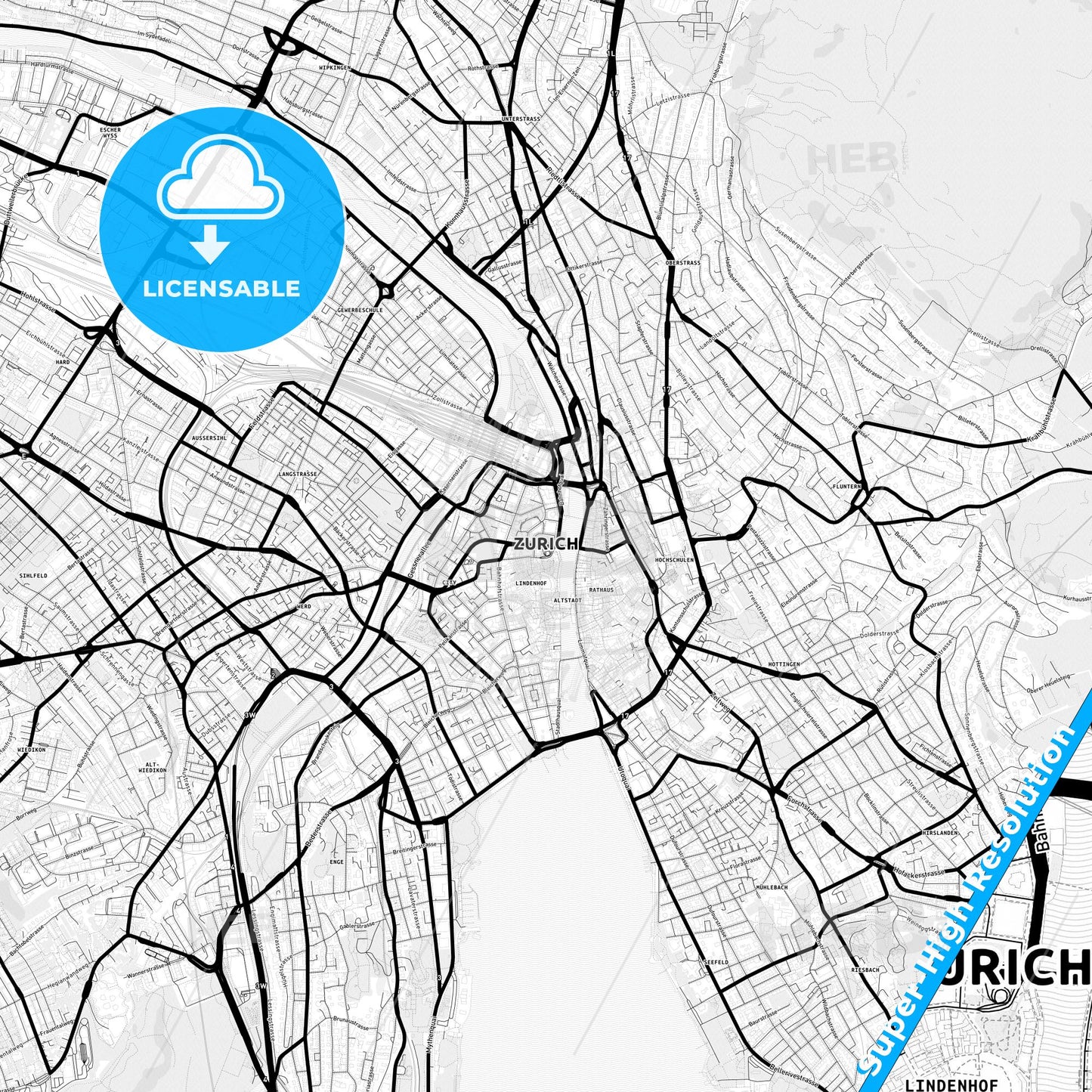 Zürich, Switzerland Light Map with Street Names, City Names, and Districts