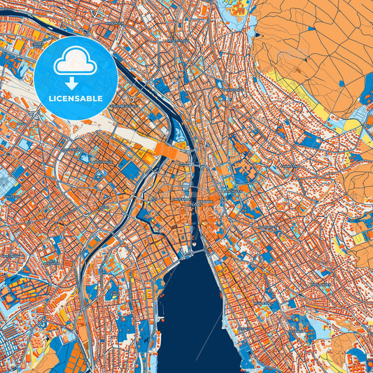 Colorful Zürich Street Map with Labels and Buildings