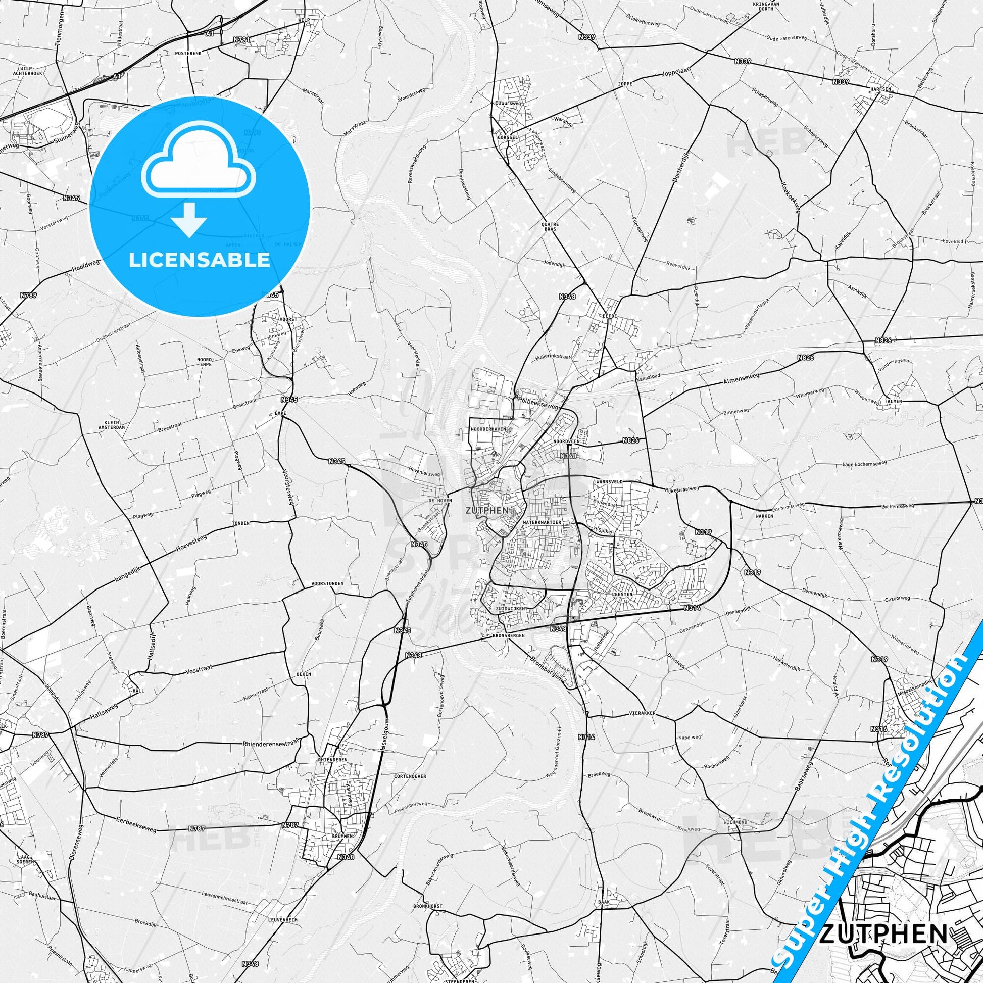 Zutphen, Netherlands light map with streetnames, citynames and districts