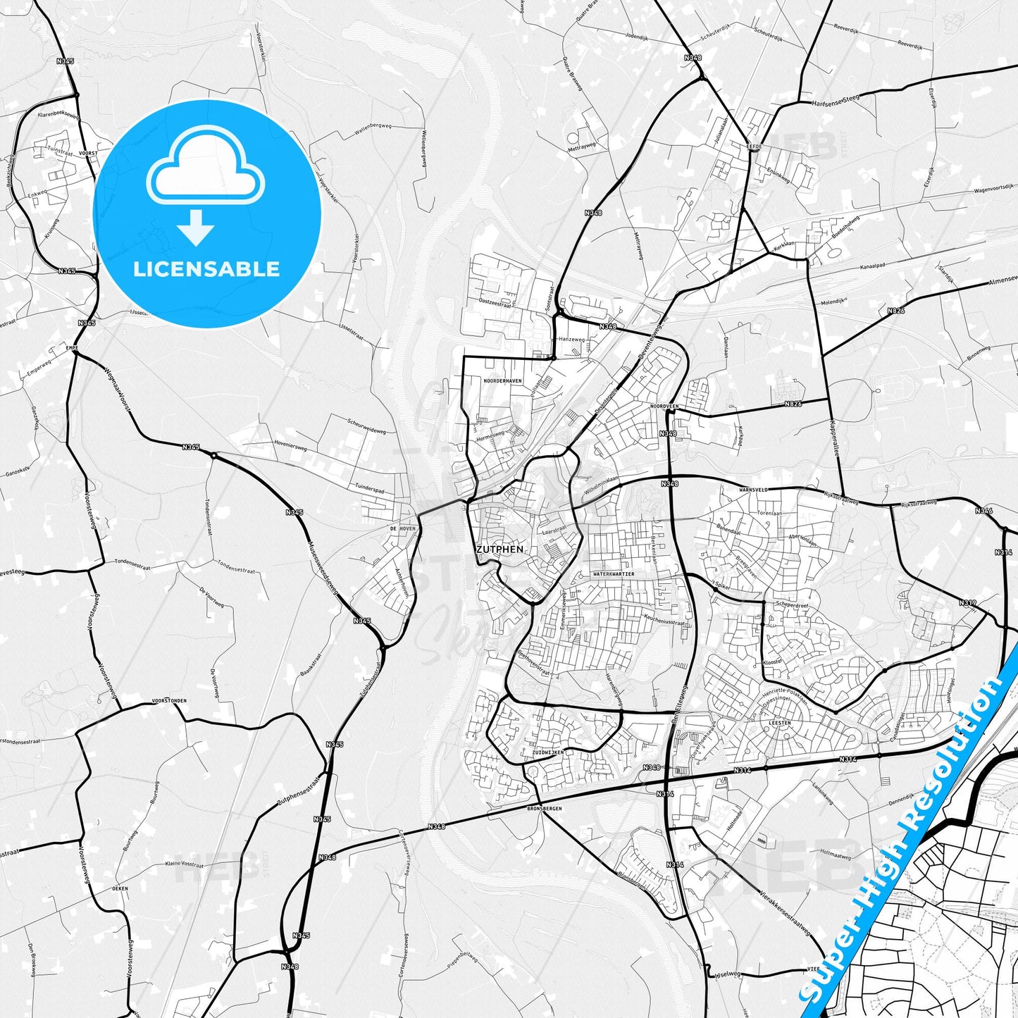 Zutphen, Netherlands Light Map with Street Names, City Names, and Districts