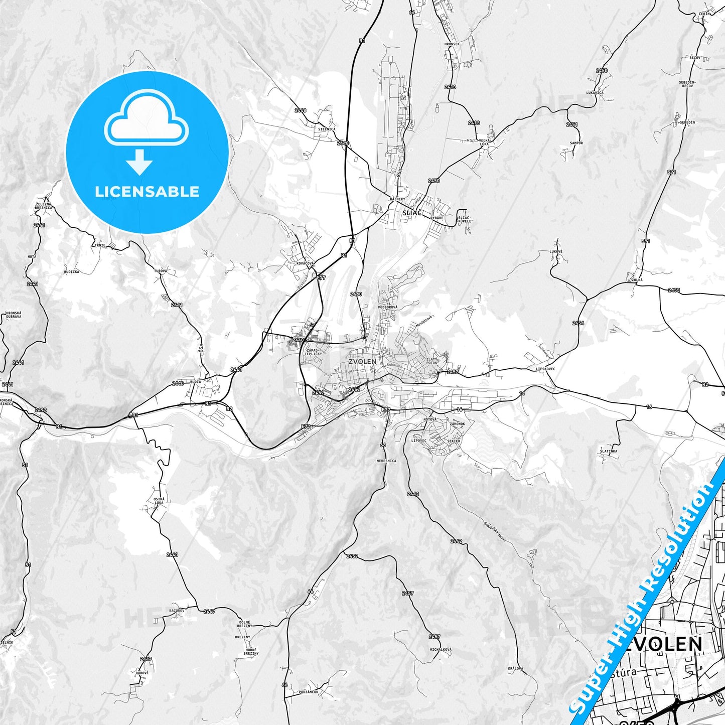 Zvolen, Slovakia light map with streetnames, citynames and districts