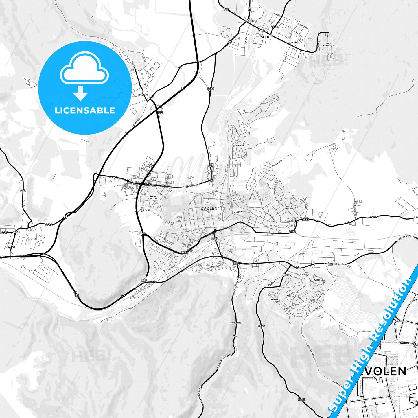 Zvolen, Slovakia Light Map with Street Names, City Names, and Districts