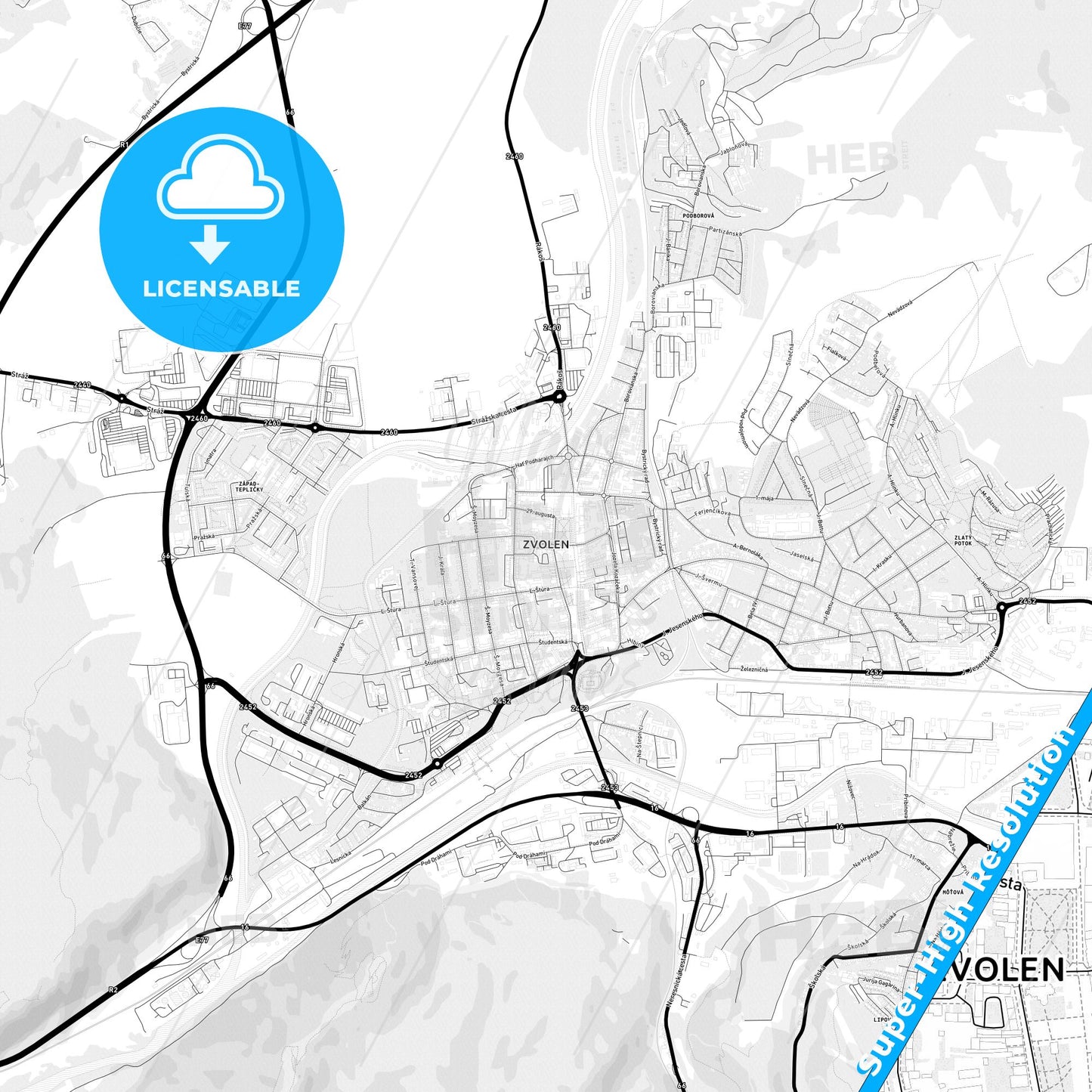 Zvolen, Slovakia Light Map with Street Names, City Names, and Districts