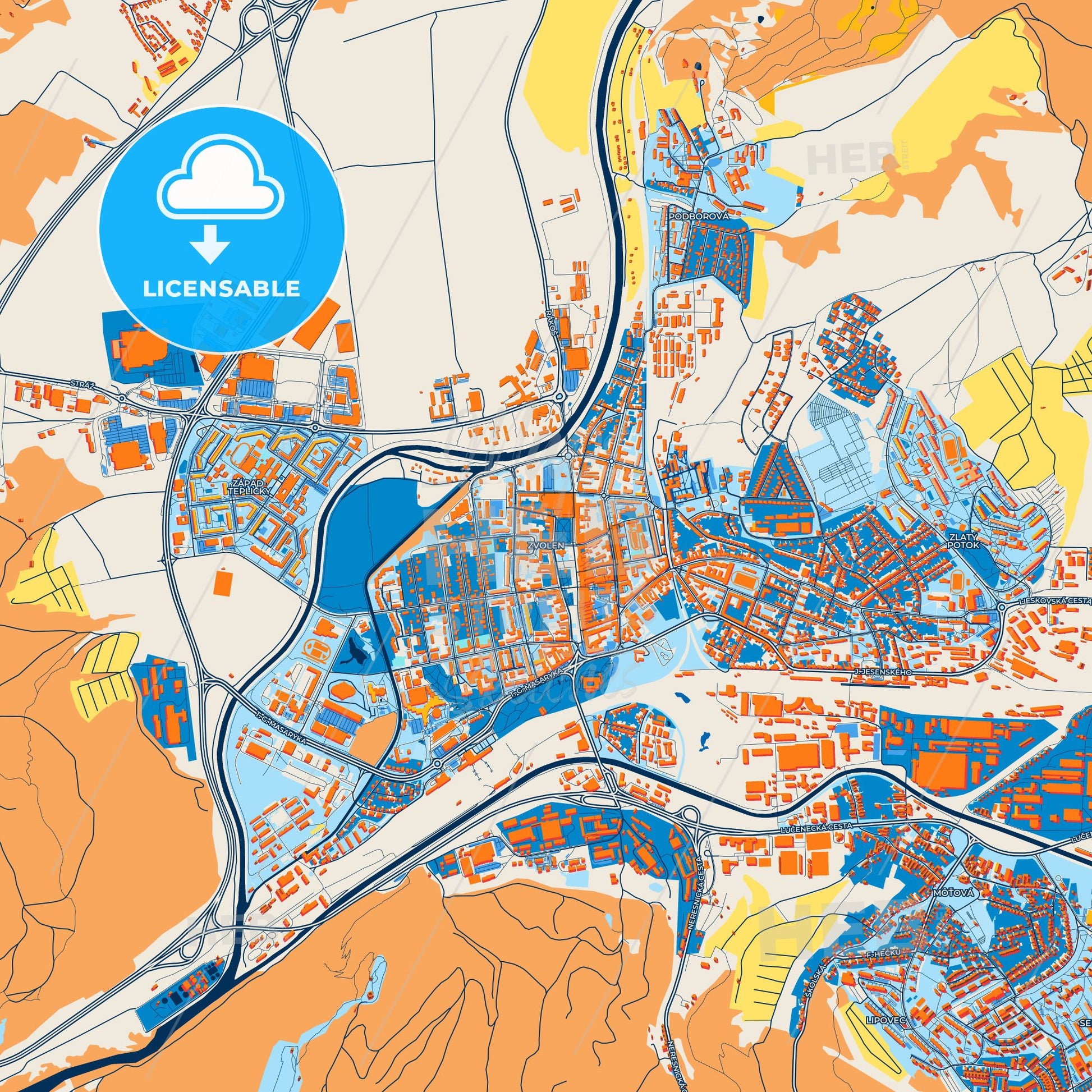 Colorful Zvolen Street Map with Labels and Buildings