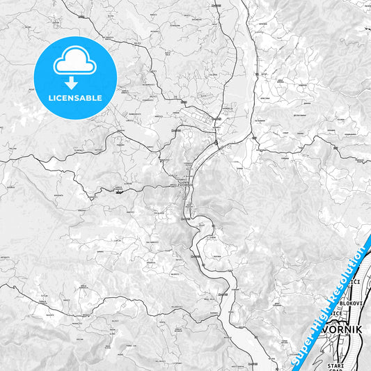 Zvornik, Bosnia and Herzegovina light map with streetnames, citynames and districts