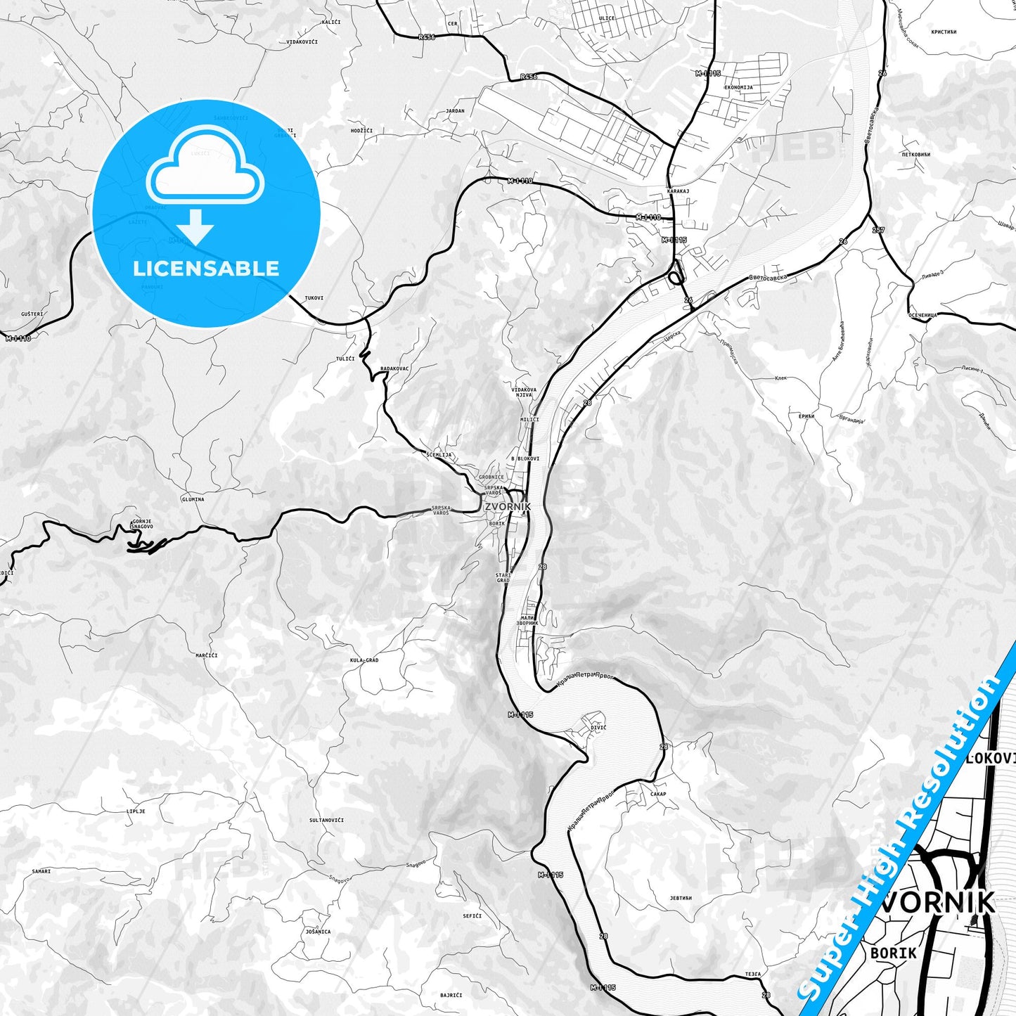 Zvornik, Bosnia and Herzegovina Light Map with Street Names, City Names, and Districts
