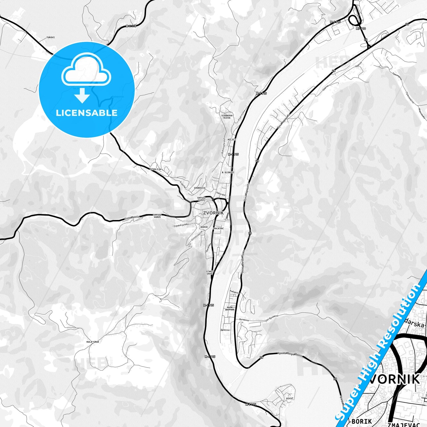 Zvornik, Bosnia and Herzegovina Light Map with Street Names, City Names, and Districts