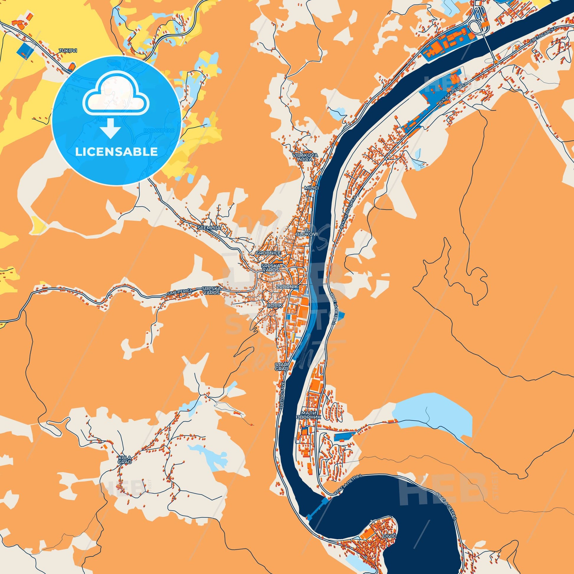 Colorful Zvornik Street Map with Labels and Buildings