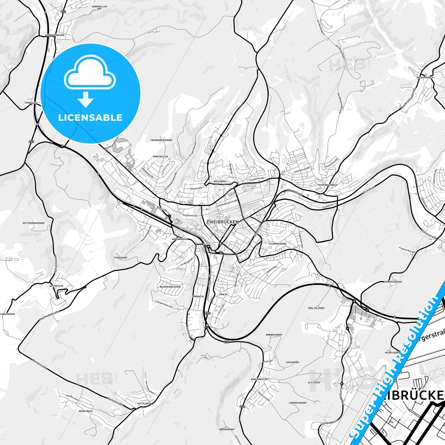 Zweibrucken, Germany Light Map with Street Names, City Names, and Districts