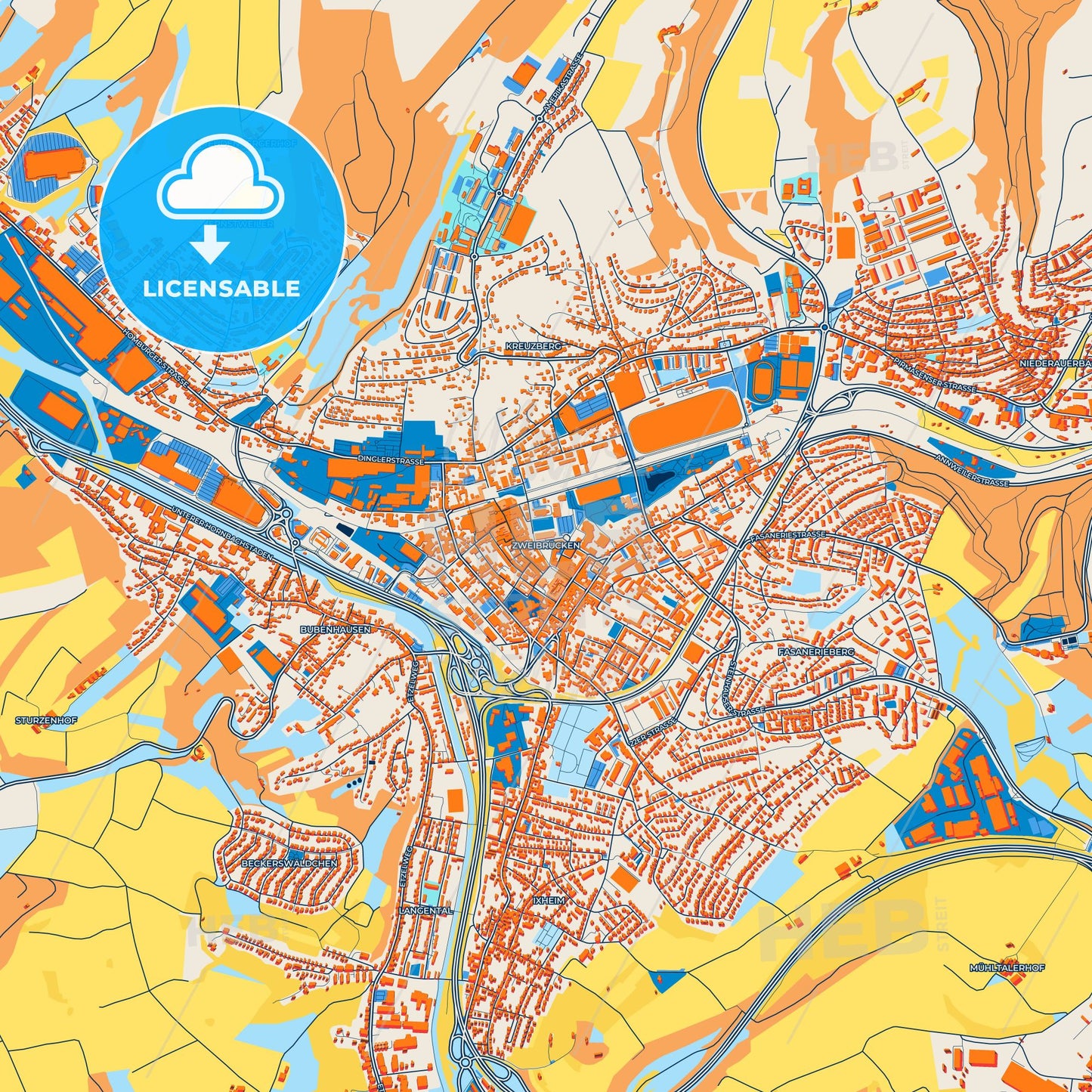 Colorful Zweibrucken Street Map with Labels and Buildings