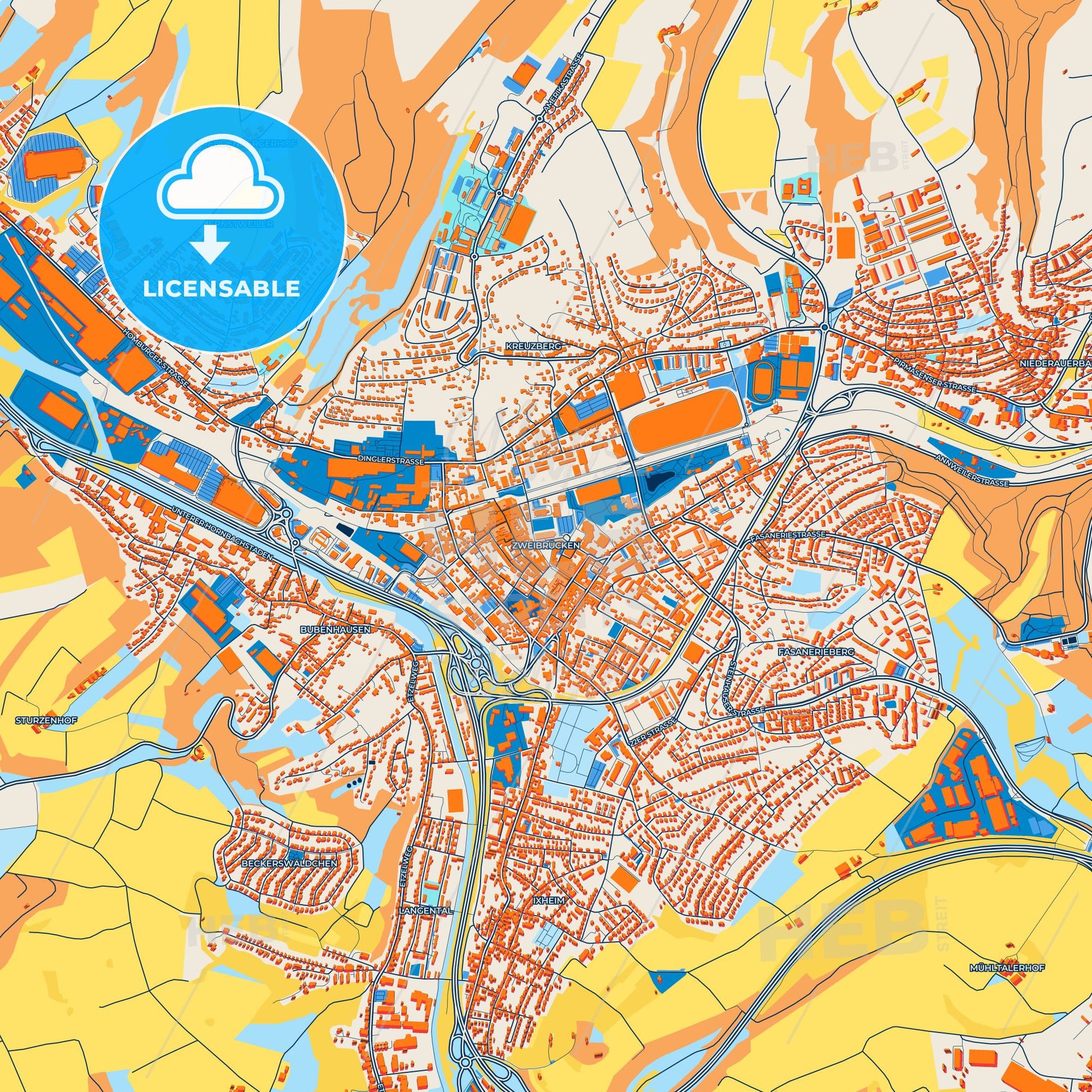 Colorful Zweibrucken Street Map with Labels and Buildings