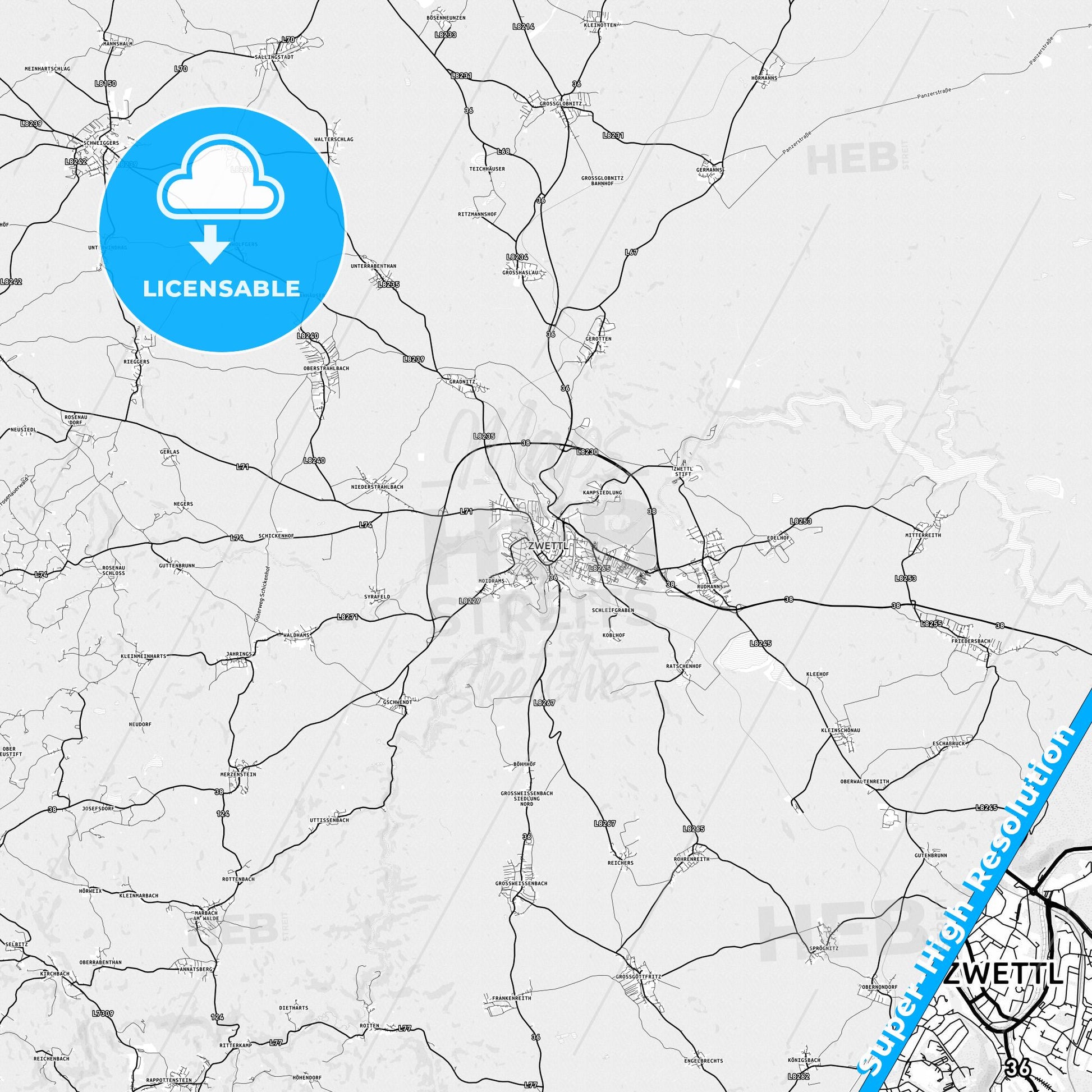 Zwettl, Austria light map with streetnames, citynames and districts
