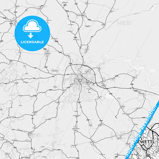 Zwettl, Austria light map with streetnames, citynames and districts