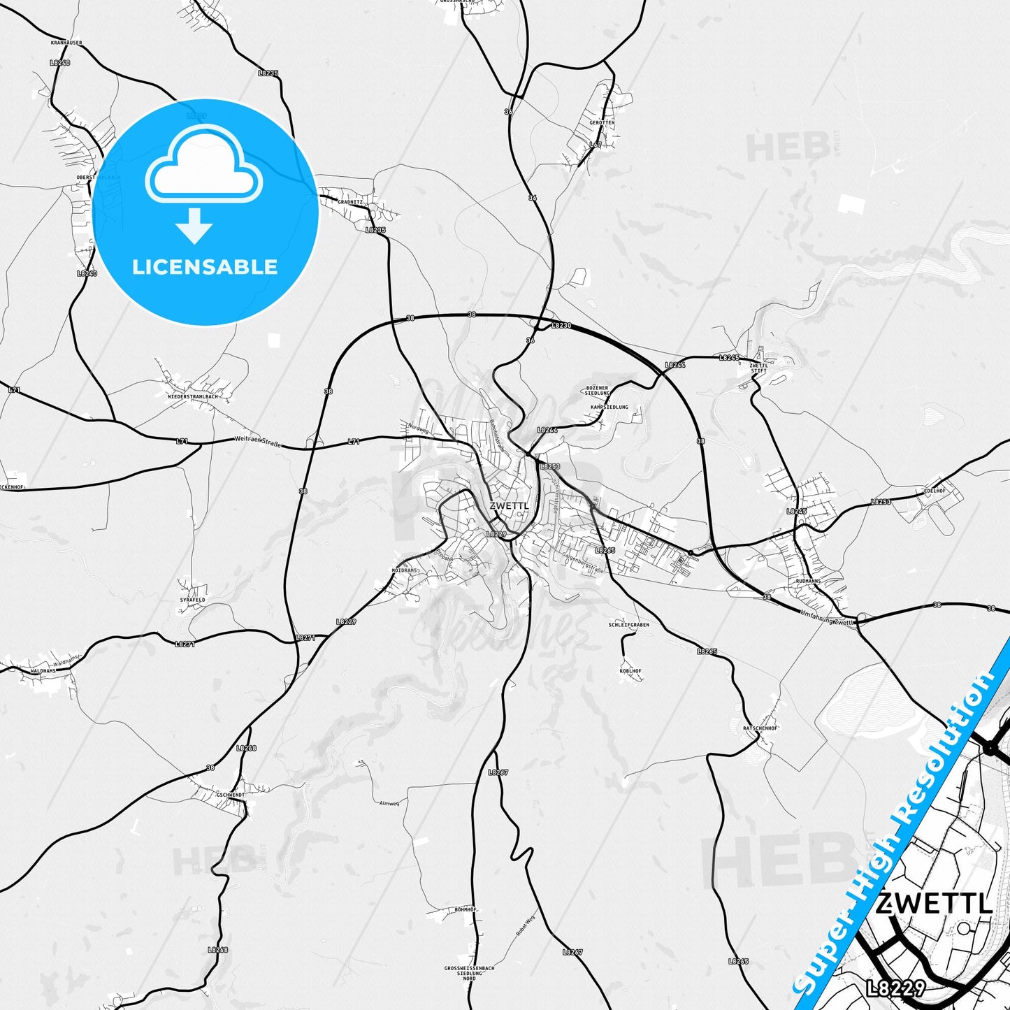 Zwettl, Austria Light Map with Street Names, City Names, and Districts