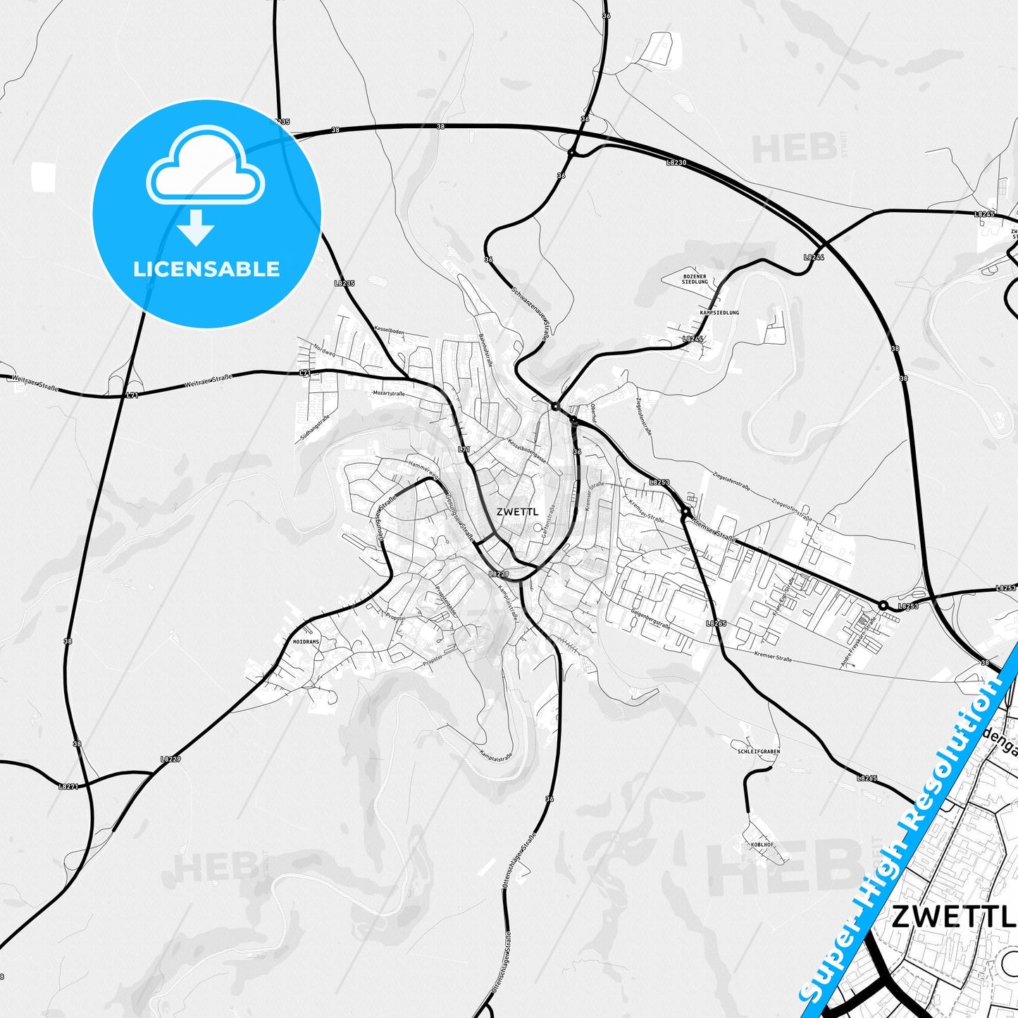 Zwettl, Austria Light Map with Street Names, City Names, and Districts