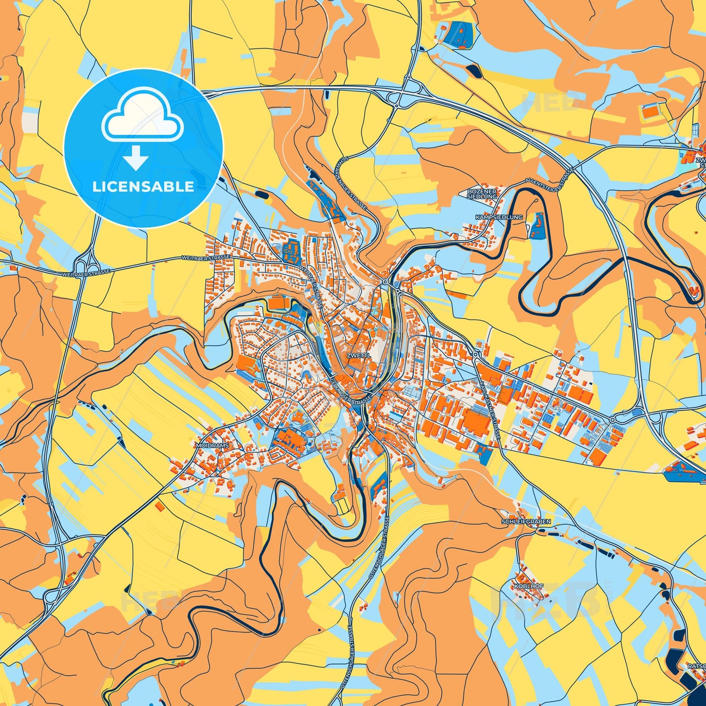 Colorful Zwettl Street Map with Labels and Buildings