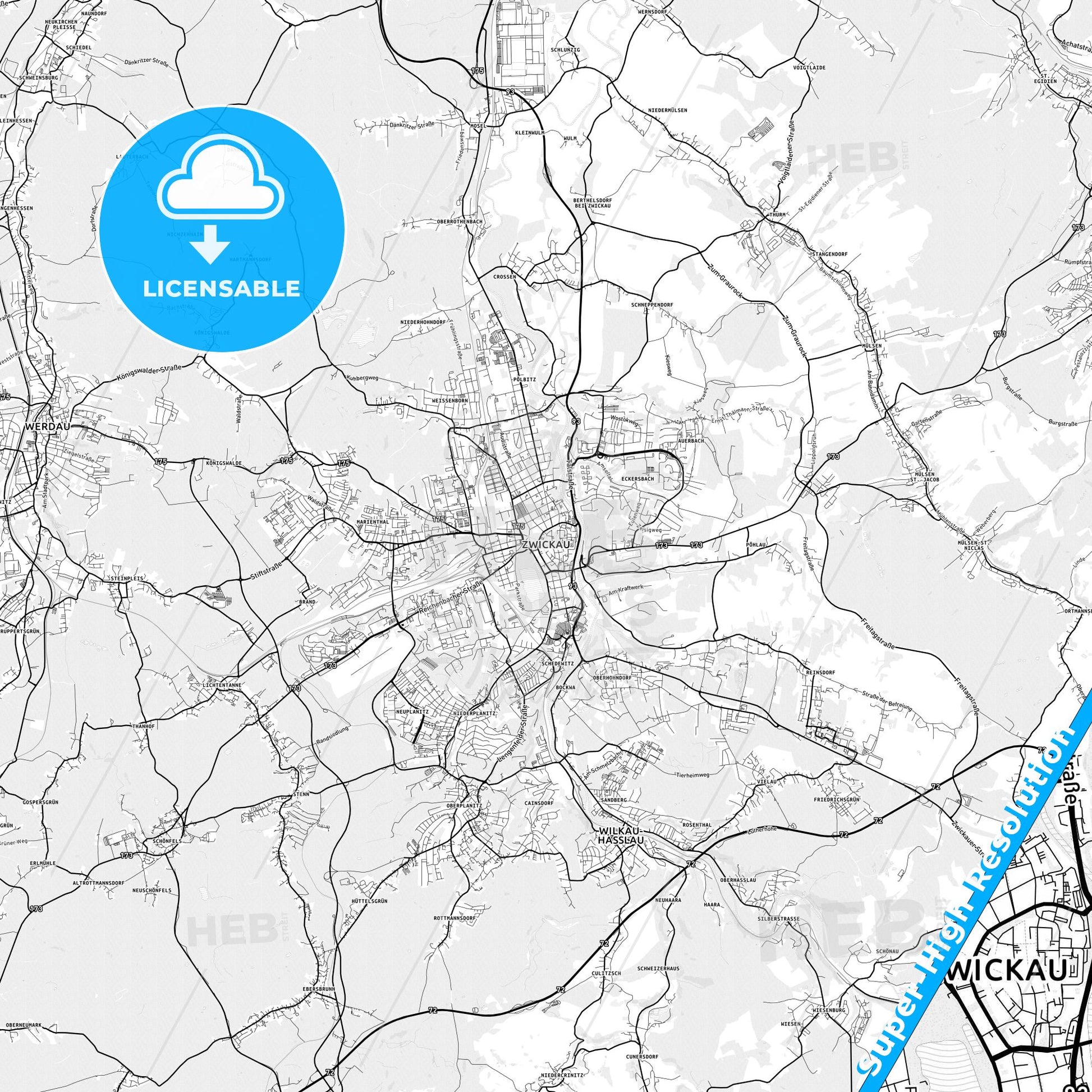 Zwickau, Germany light map with streetnames, citynames and districts