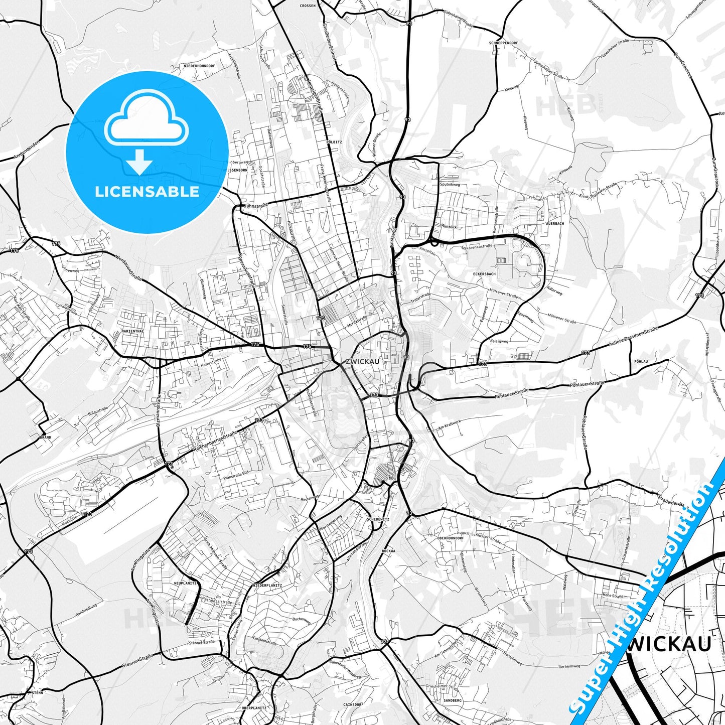 Zwickau, Germany Light Map with Street Names, City Names, and Districts