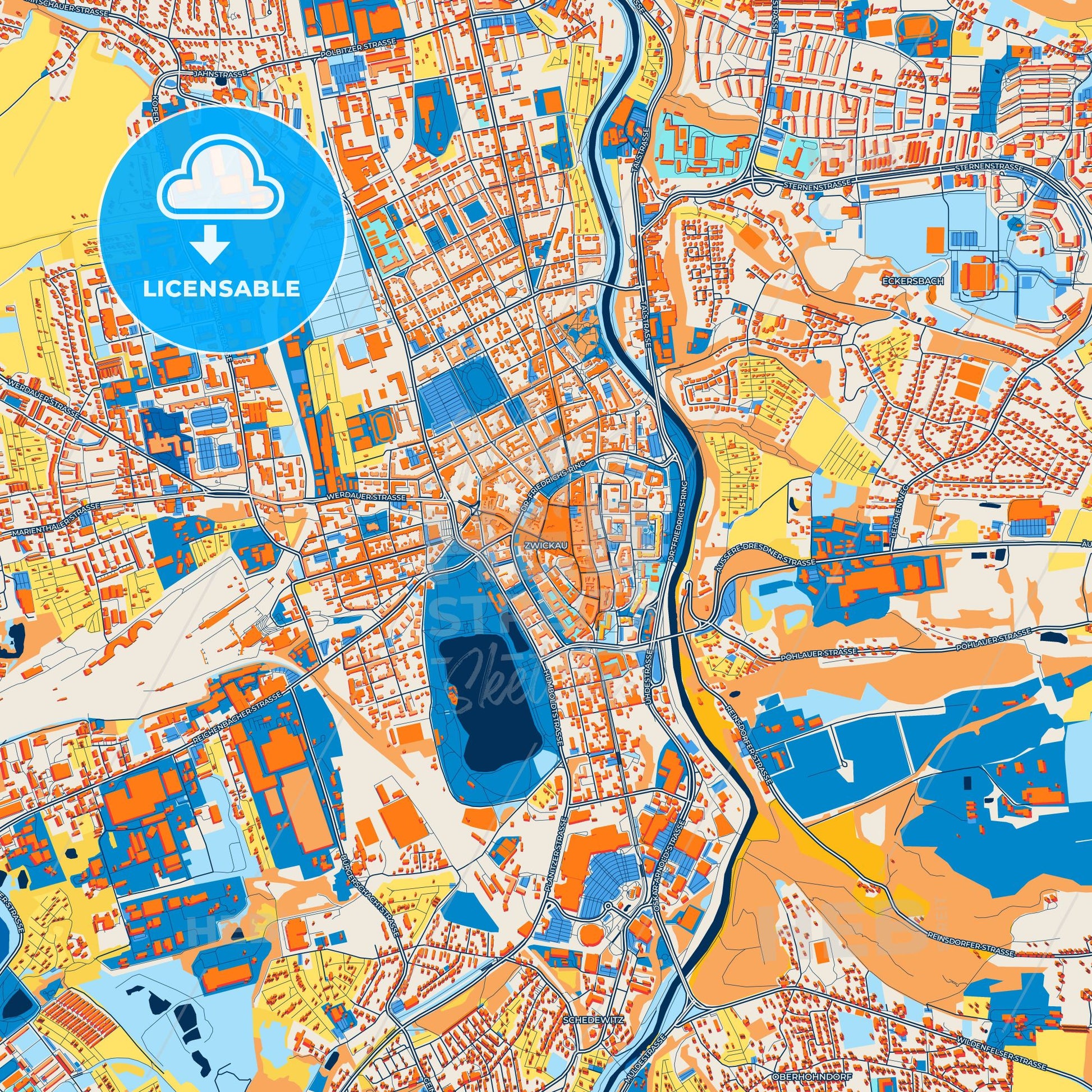 Colorful Zwickau Street Map with Labels and Buildings