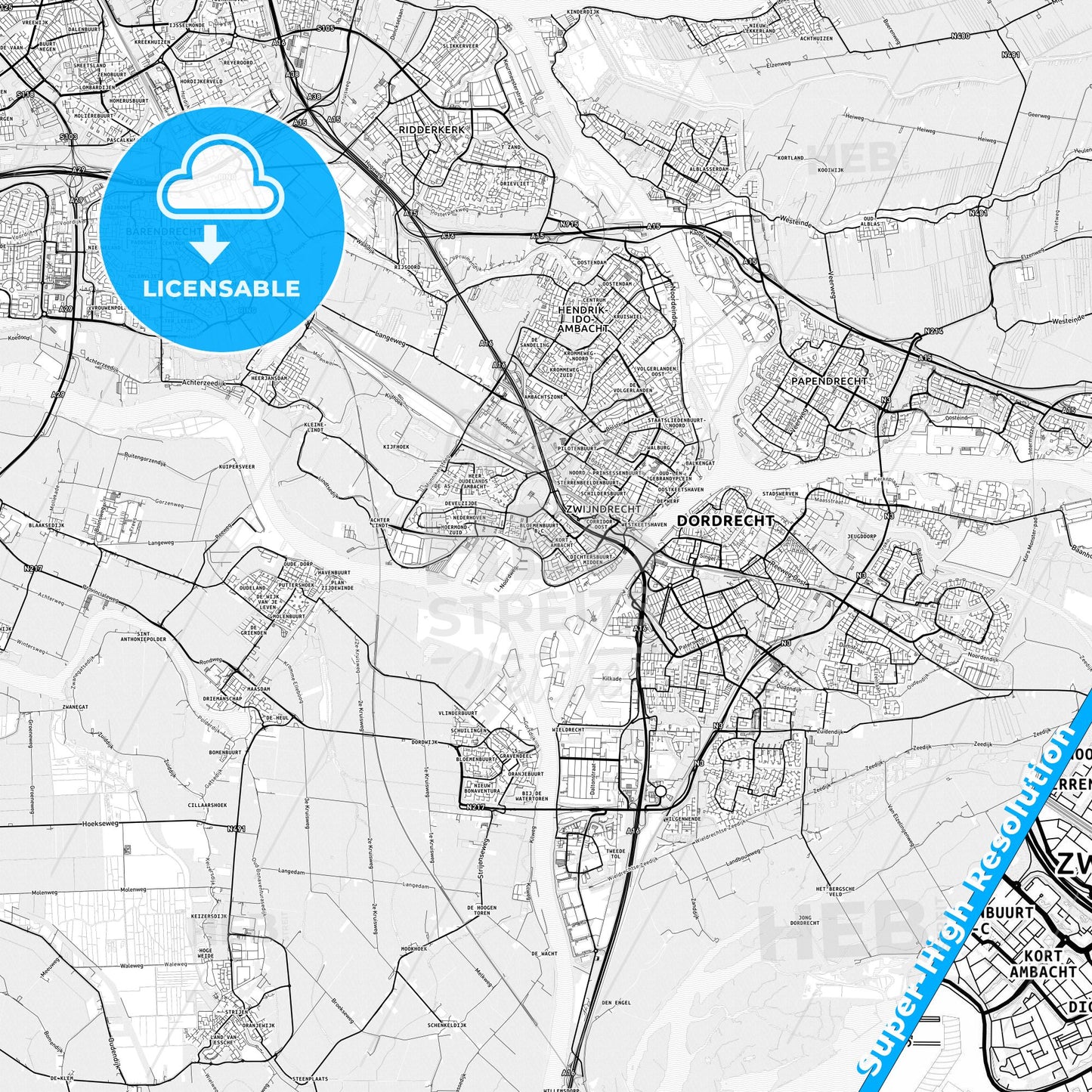 Zwijndrecht, Netherlands light map with streetnames, citynames and districts