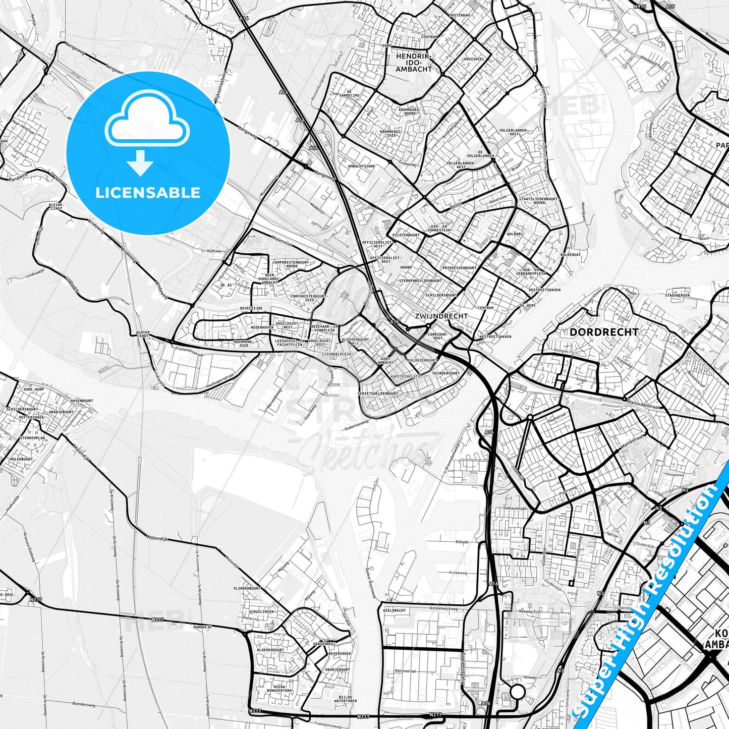 Zwijndrecht, Netherlands Light Map with Street Names, City Names, and Districts