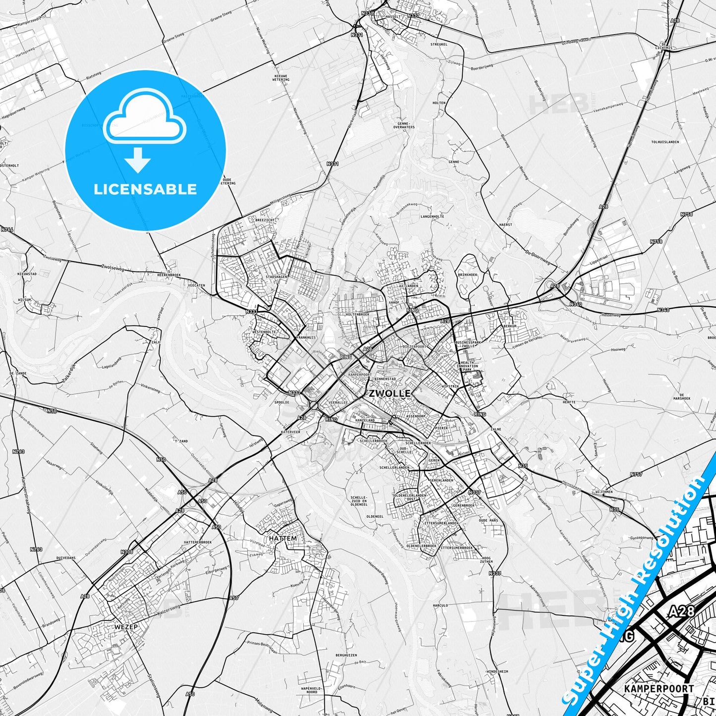 Zwolle, Netherlands light map with streetnames, citynames and districts