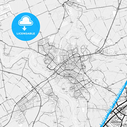 Zwolle, Netherlands light map with streetnames, citynames and districts