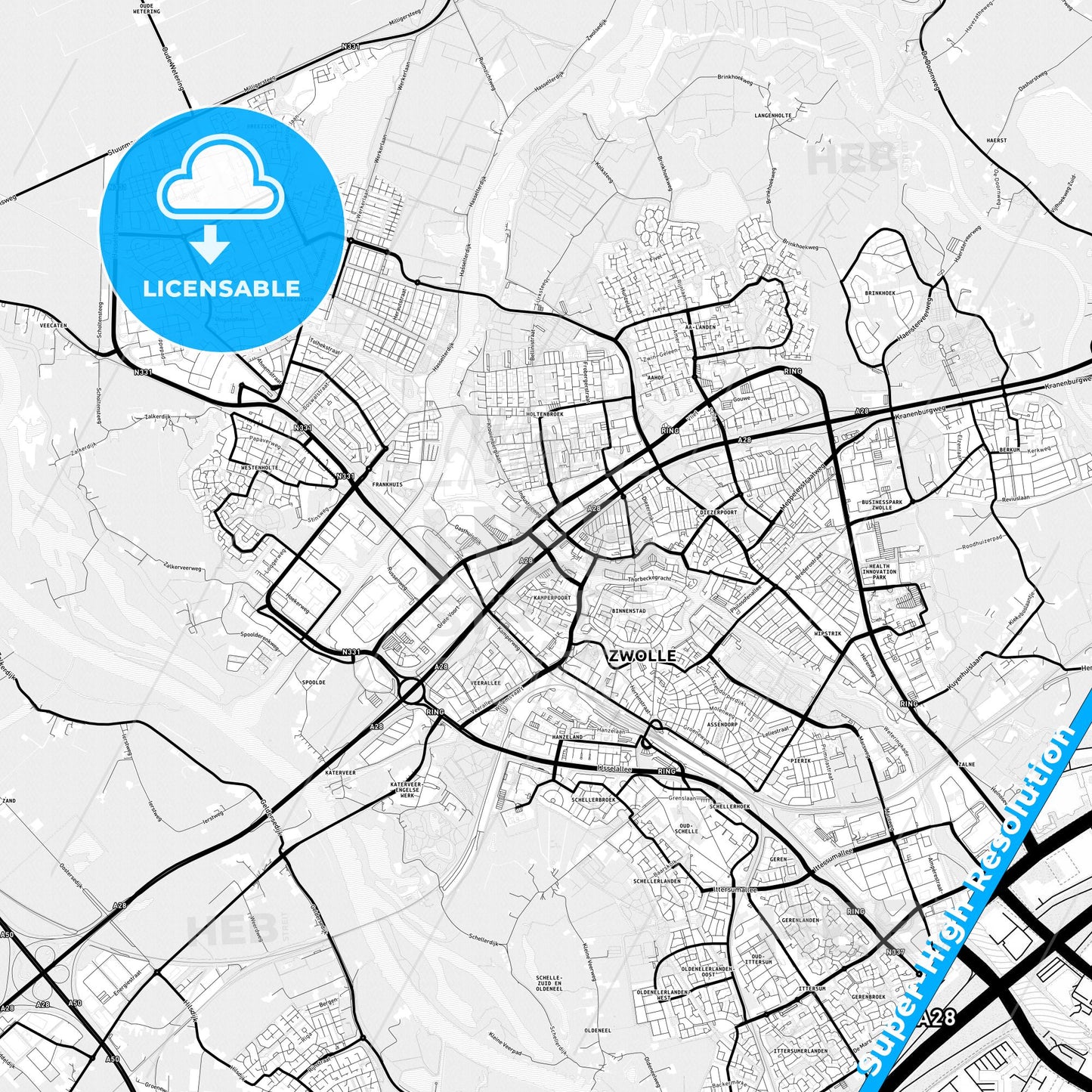 Zwolle, Netherlands Light Map with Street Names, City Names, and Districts