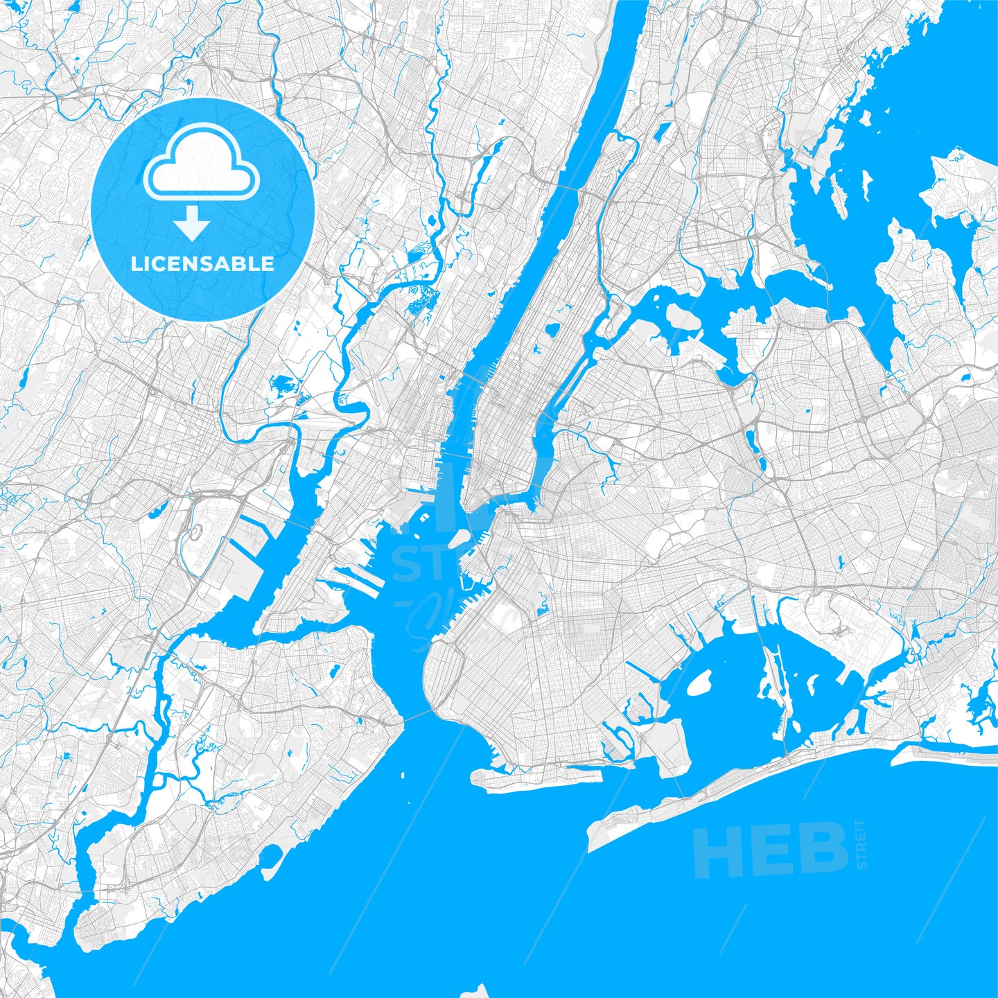 Rich detailed vector map of New York City, New York, U.S.A.