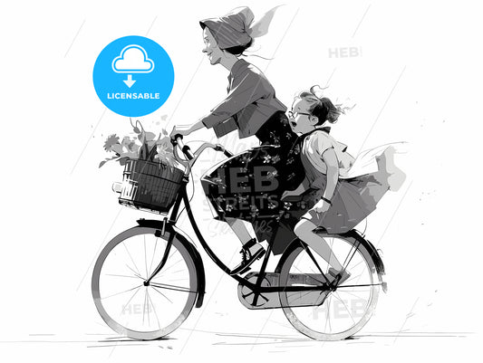 Woman And A Child Riding A Bicycle