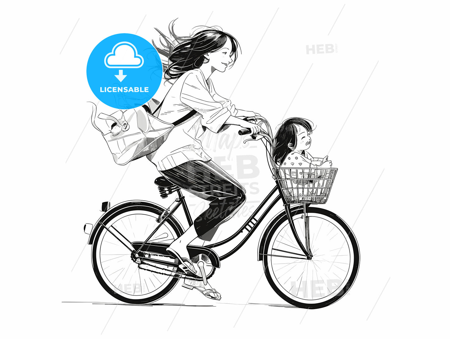 Woman Riding A Bicycle With A Child In A Basket