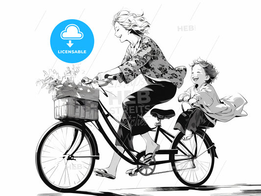 Woman And Child Riding A Bicycle