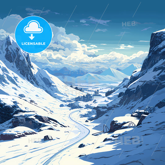 Snowy Mountain Landscape With A Road