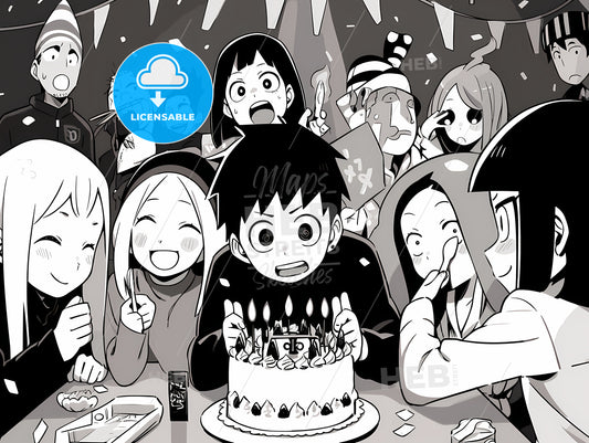 Cartoon Of A Boy Blowing Out Candles On A Cake With People Around