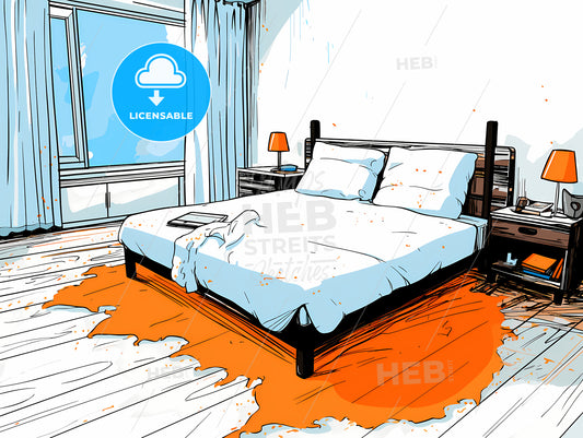 Bed With Orange Liquid On The Floor