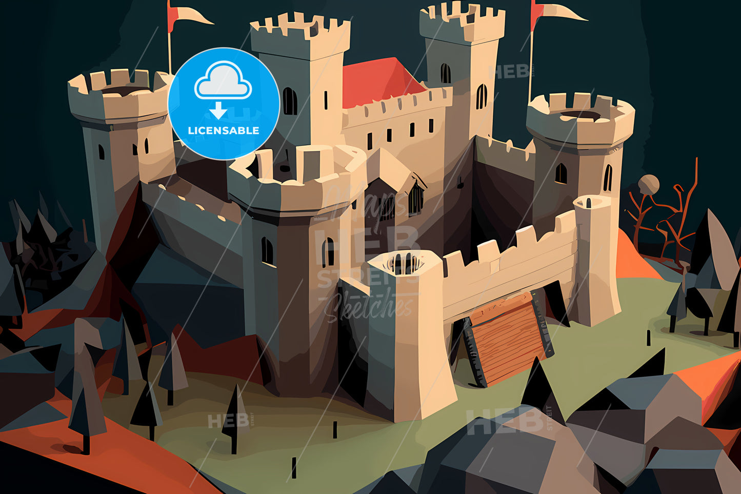 Low Poly Castle With Flags