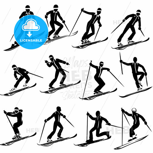 Collage Of Black Silhouettes Of People Skiing