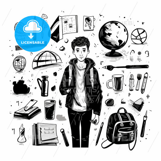 Boy Standing In Front Of A Variety Of School Objects