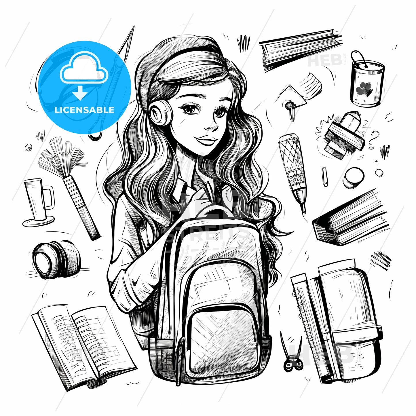 Girl With A Backpack And School Supplies