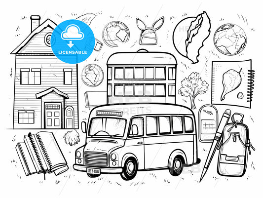 Black And White Drawing Of A School Bus And Other Objects