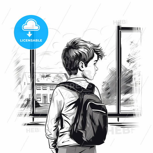 Boy With A Backpack Looking Out A Window