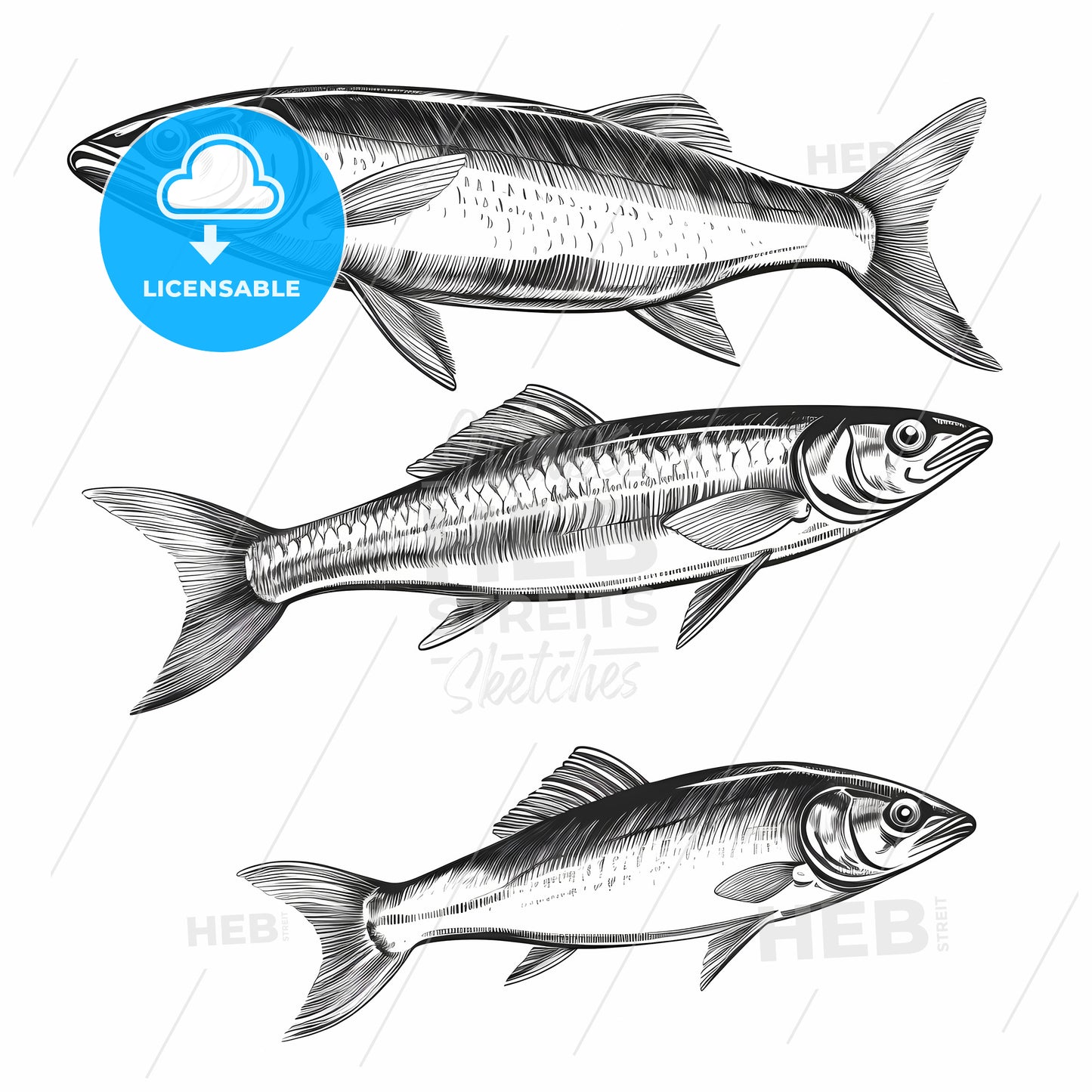 Group Of Fish Drawn In Black And White