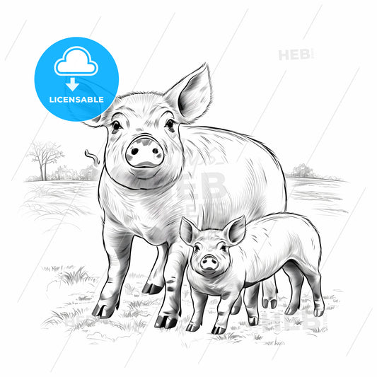 Pig And Piglet In A Field