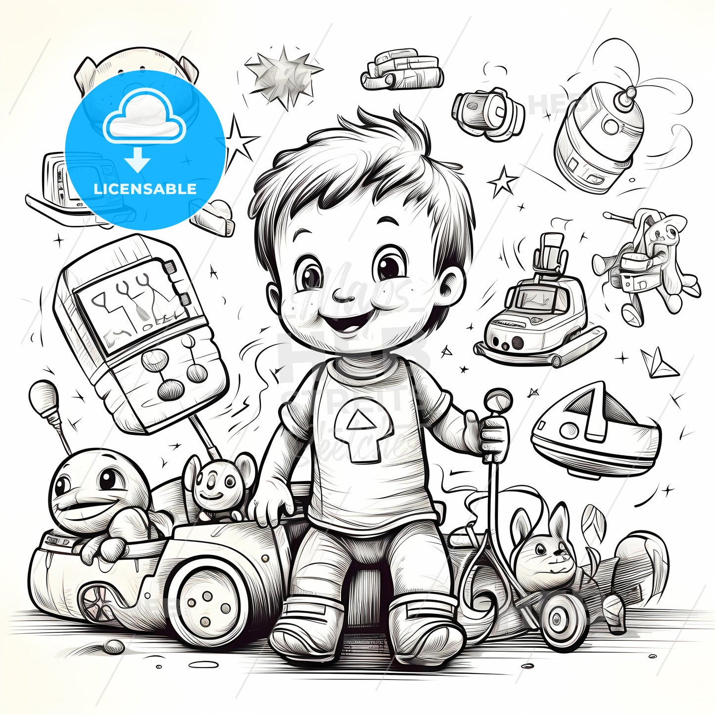 Cartoon Of A Boy Playing With Toys