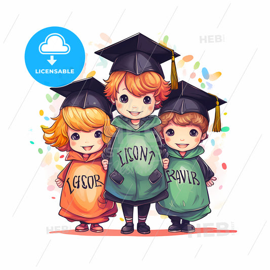 Group Of Cartoon Kids Wearing Graduation Caps And Gowns