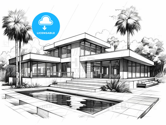 Black And White Drawing Of A House With A Pool