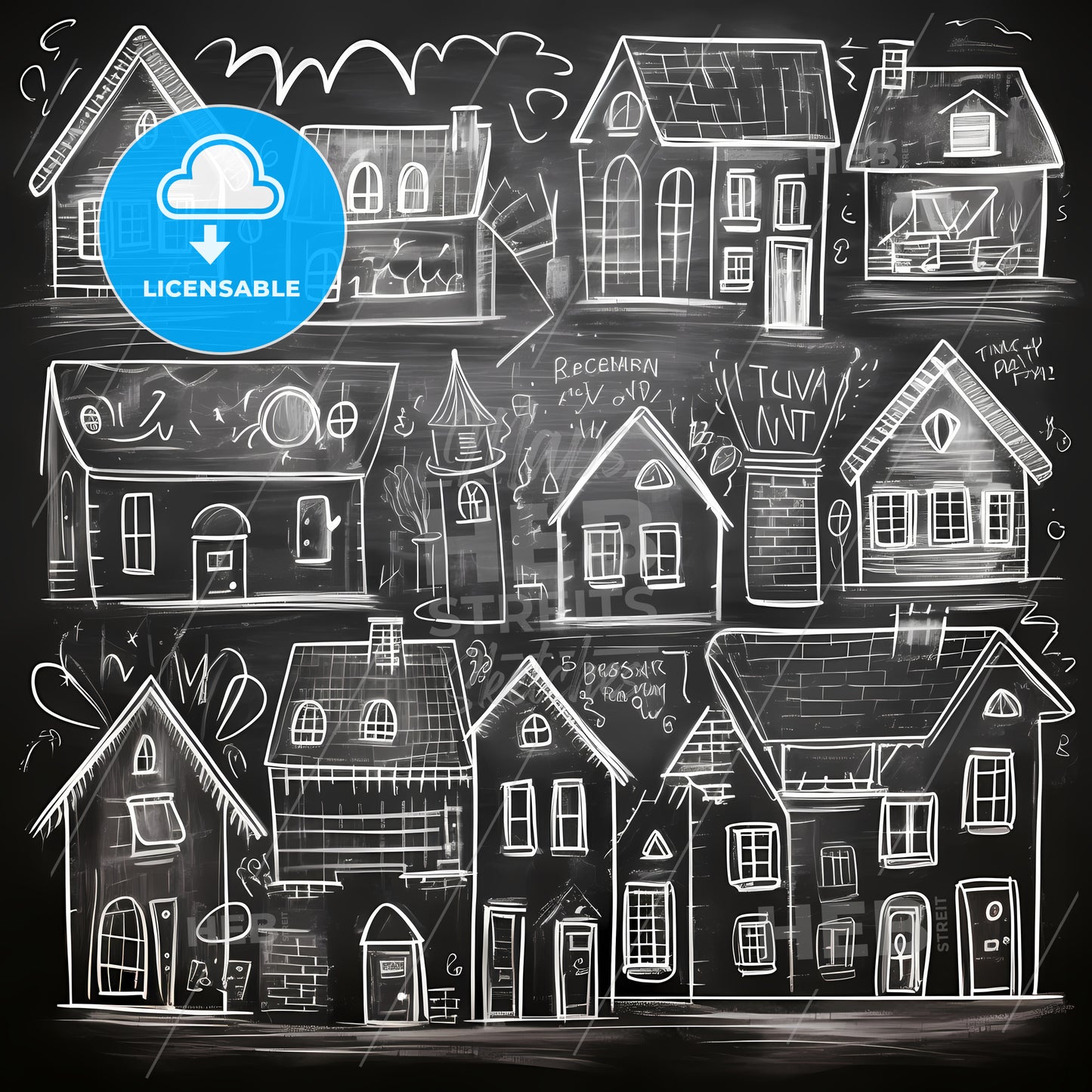 Group Of Houses Drawn On A Chalkboard
